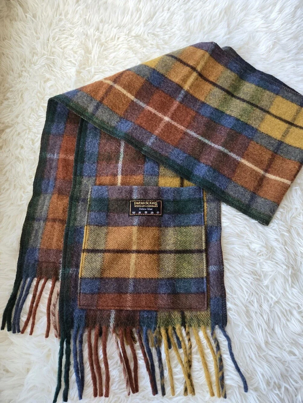Patrick King Antique Buchanan Autumn Plaid Deluxe Woolen Scarf  W/ Pockets